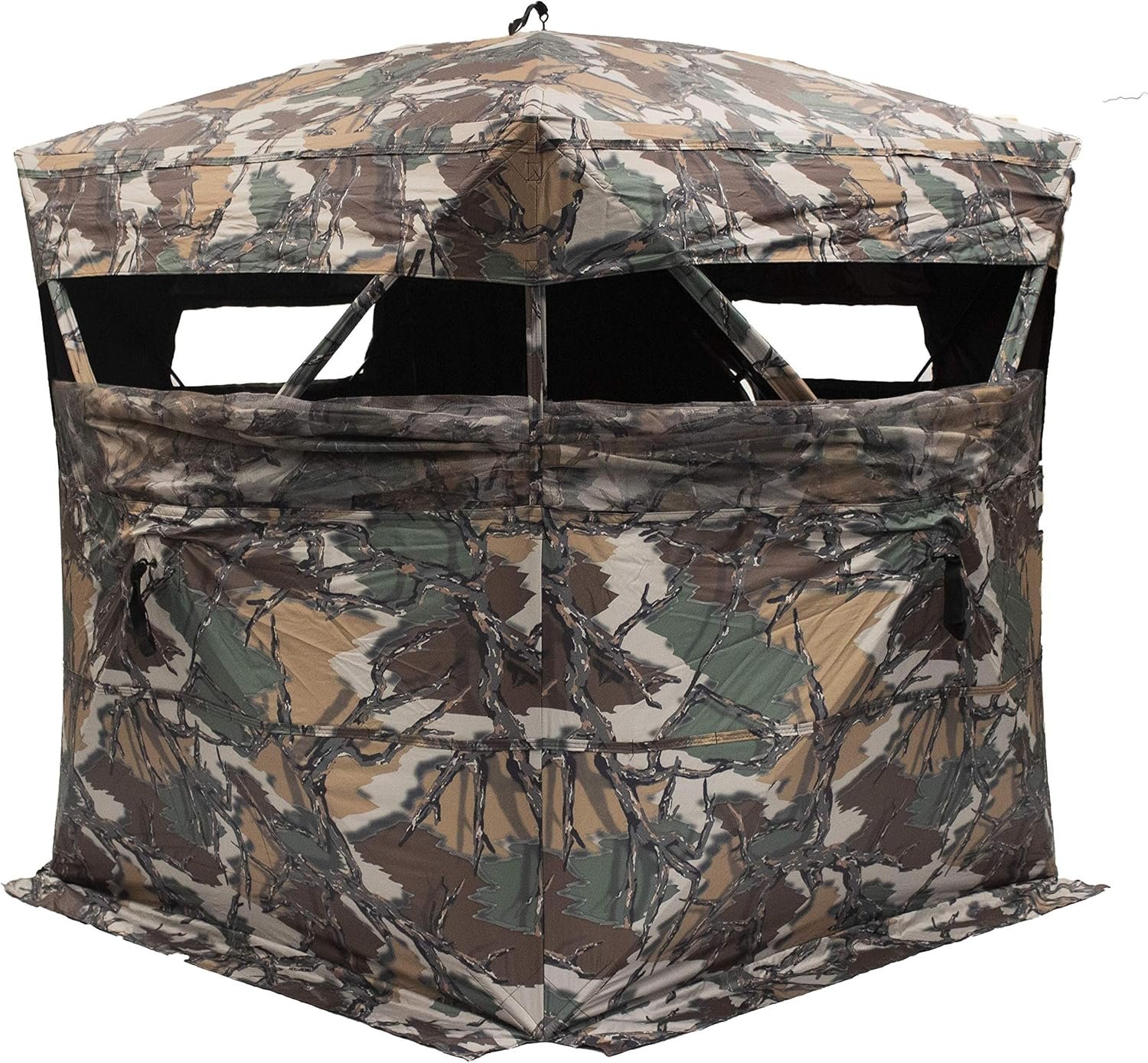 Three-person hunting blind set up in an outdoor environment, featuring a camo pattern for concealment. The blind is spacious enough for three hunters, with multiple windows for visibility and shooting access